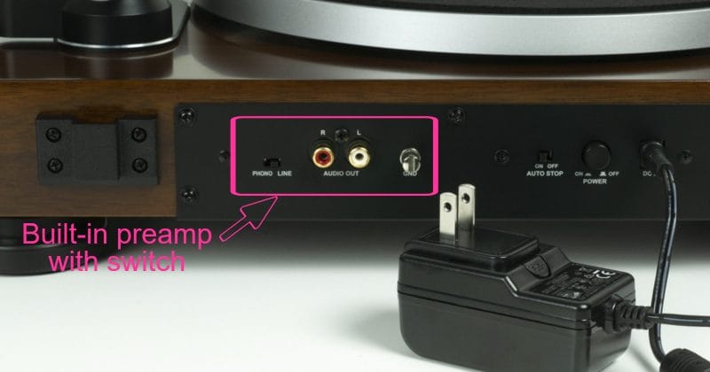 back of record player with preamp and preamp switch