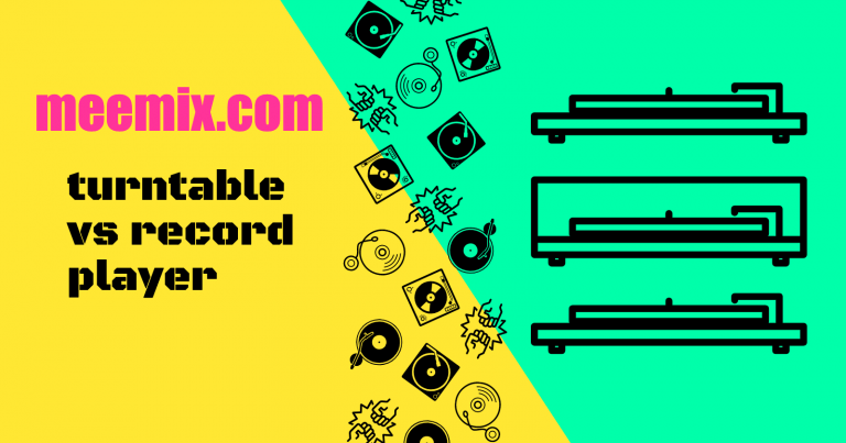 turntable vs record player in black text on yellow and green diagonally split background