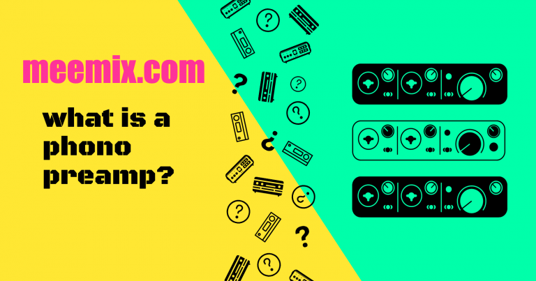 what is a phono preamp in blaxk text on yellow and green diagonally split background