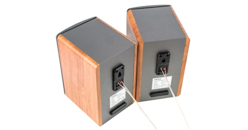 the back of a pair of passive speakers showing cable connections
