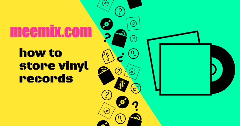 how to store vinyl records in black text on yellow and green diagonally split background